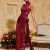 Dresses | Maxi Dresses*Mew Mews Fashion Aelithra High Neck Split Flower Maxi Dress In Wine
