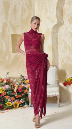 Dresses | Maxi Dresses*Mew Mews Fashion Aelithra High Neck Split Flower Maxi Dress In Wine