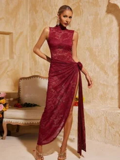 Dresses | Maxi Dresses*Mew Mews Fashion Aelithra High Neck Split Flower Maxi Dress In Wine