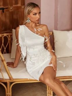 Dresses*Mew Mews Fashion Airi One Shoulder Feather Satin Dress