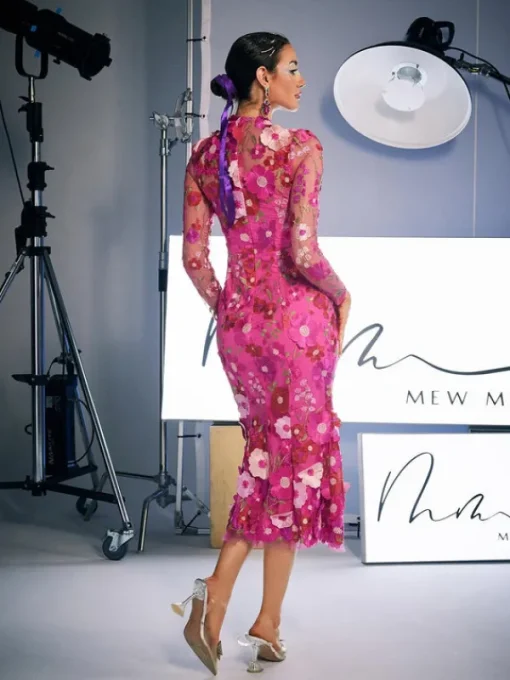 Dresses | Midi Dresses*Mew Mews Fashion Amara Long Sleeve Embroidered Midi Dress In Hot Pink