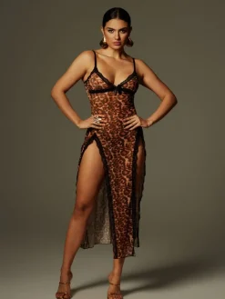 Dresses | Midi Dresses*Mew Mews Fashion Astragal Spaghetti Leopard Split Midi Dress