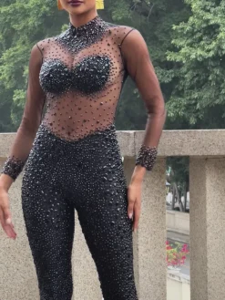 Jumpsuits & Romper | Embellishment*Nuo Fansi Azami Mesh Crystal Jumpsuit In Black