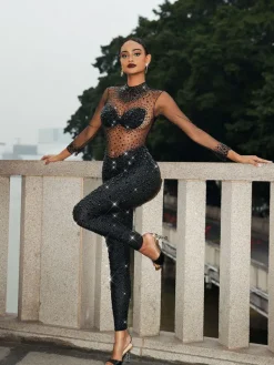 Jumpsuits & Romper | Embellishment*Nuo Fansi Azami Mesh Crystal Jumpsuit In Black