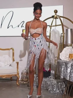 Embellishment | Dresses*Embellishment Bach Halterneck Crystal Chain Fringe Mini Dress