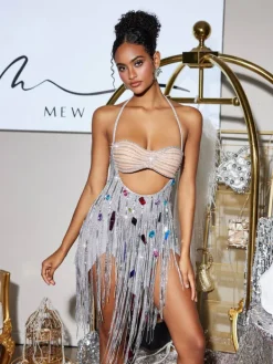 Embellishment | Dresses*Embellishment Bach Halterneck Crystal Chain Fringe Mini Dress