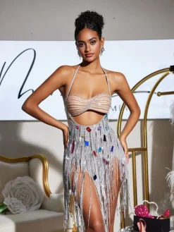 Embellishment | Dresses*Embellishment Bach Halterneck Crystal Chain Fringe Mini Dress