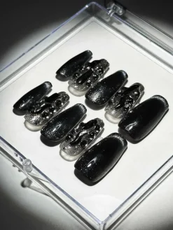 Press On Nails*Mew Mews Fashion Black Cat Eye Crystal Handmade Press On Nails