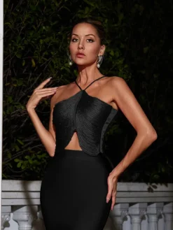 Tops*Mew Mews Fashion Bluma Halterneck Fringe Top In Black