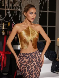 Tops*Mew Mews Fashion Bluma Halterneck Fringe Top In Gold