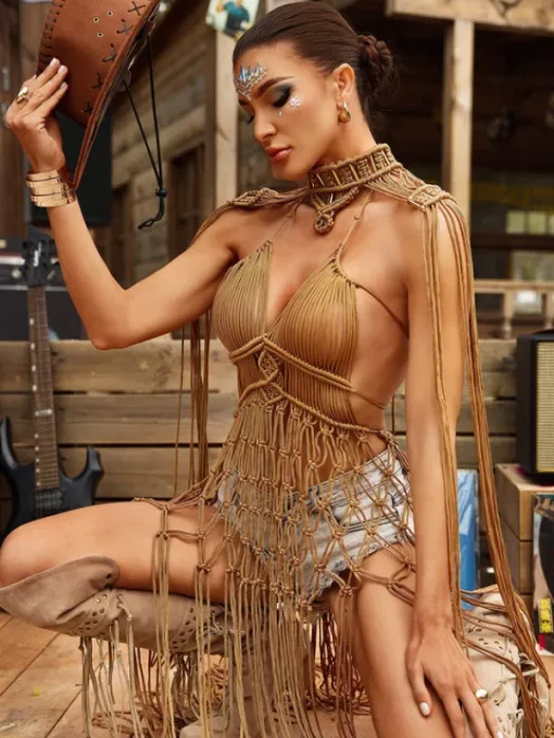 Cover-ups | Swimwear*Mew Mews Fashion O/S Brinzo Fringe Cover Up Dress In Khaki