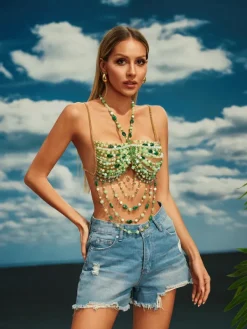 Beaded Wear | Tops*Mew Mews Fashion O/S Catlin Gemstone Beaded Bralette In Green