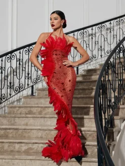 Embellishment | Dresses*Embellishment Circe Embellished Mesh Feather Maxi Dress In Red