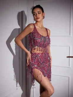 Sets & Co-ords | Embellishment*Embellishment Colette Crystal Chain Fringe Split Skirt Set In Pink