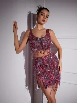 Sets & Co-ords | Embellishment*Embellishment Colette Crystal Chain Fringe Split Skirt Set In Pink