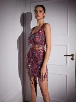 Sets & Co-ords | Embellishment*Embellishment Colette Crystal Chain Fringe Split Skirt Set In Pink