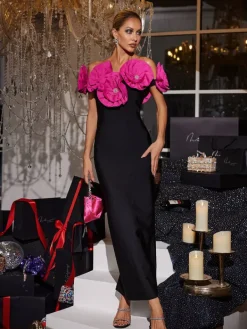 Dresses | Maxi Dresses*Bandage Creed Off Shoulder Flower Dress In Hot Pink