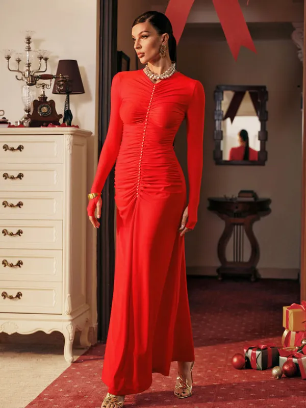 Dresses | Maxi Dresses*Mew Mews Fashion Despo Long Sleeve Pearl Ruched Maxi Dress