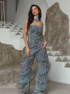 Jumpsuits & Romper*Mew Mews Fashion Eden Strapless Pocket Denim Jumpsuit In Green