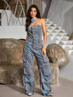 Jumpsuits & Romper*Mew Mews Fashion Eden Strapless Pocket Denim Jumpsuit In Green