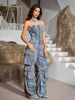 Jumpsuits & Romper*Mew Mews Fashion Eden Strapless Pocket Denim Jumpsuit In Green