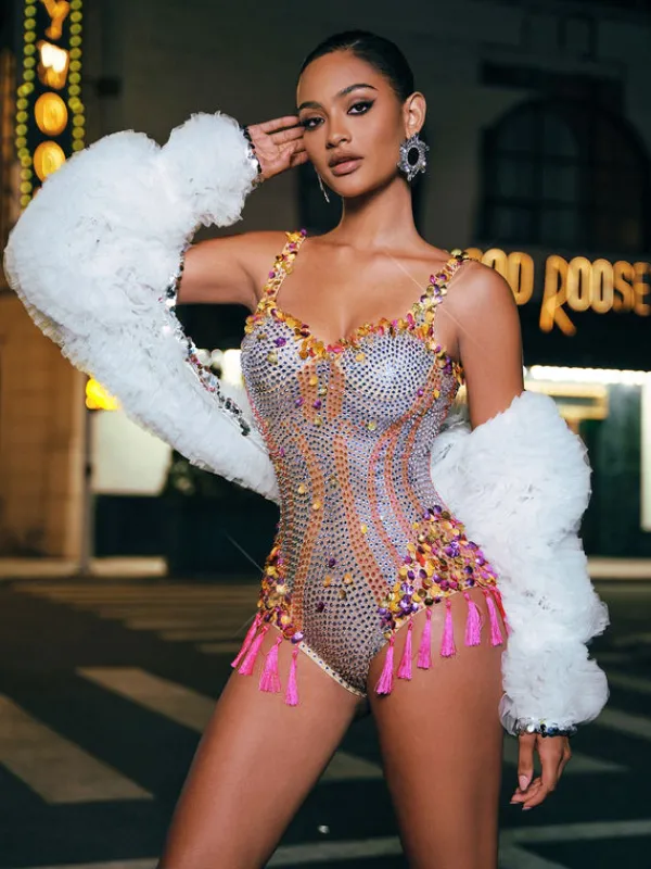 Bodysuits | Embellishment*Embellishment Eoin Rhinestone Fringe Bodysuit In Pink