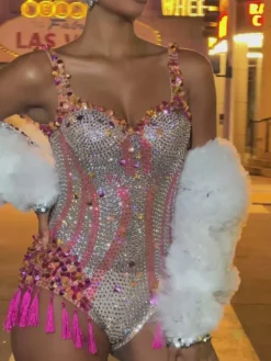 Bodysuits | Embellishment*Embellishment Eoin Rhinestone Fringe Bodysuit In Pink