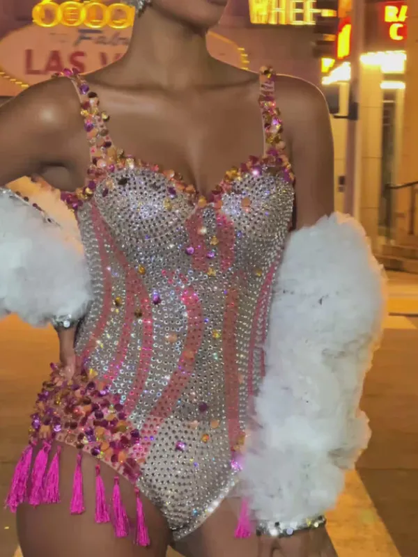 Bodysuits | Embellishment*Embellishment Eoin Rhinestone Fringe Bodysuit In Pink