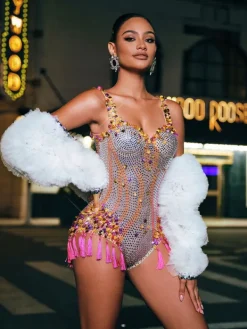 Bodysuits | Embellishment*Embellishment Eoin Rhinestone Fringe Bodysuit In Pink