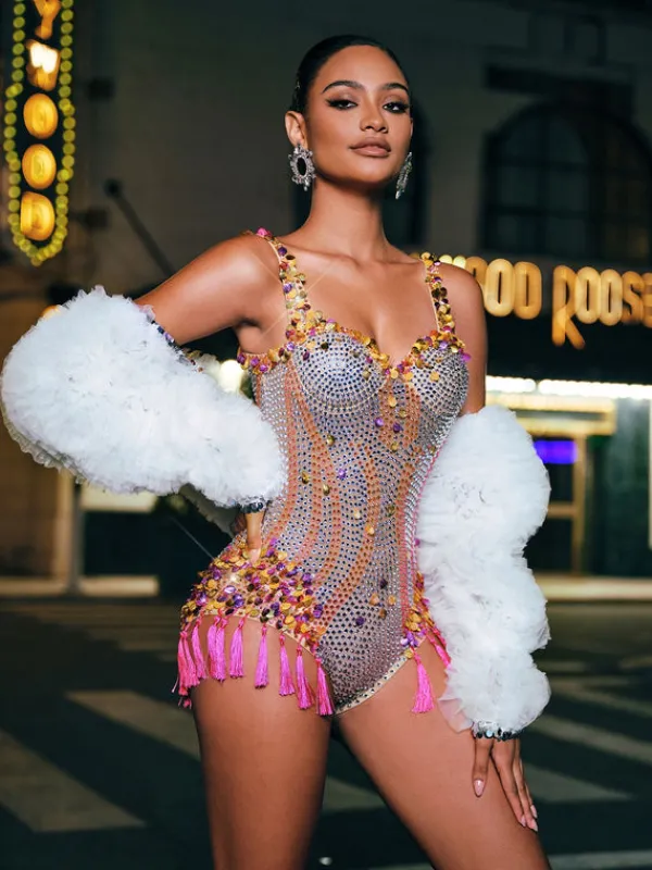 Bodysuits | Embellishment*Embellishment Eoin Rhinestone Fringe Bodysuit In Pink