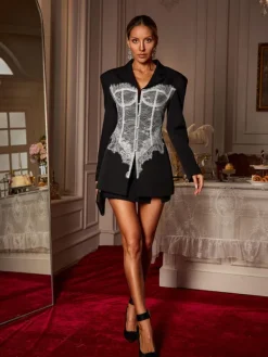 Coats & Jackets | Blazers*Mew Mews Fashion Eormenburh Deconstructed Lace Lapel Blazer In Black