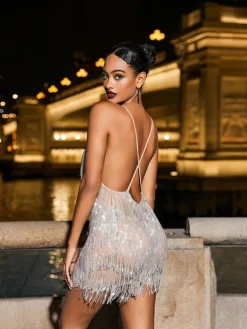 Embellishment | Dresses*Embellishment Fiadh Crystal Chain Fringe Mesh Mini Dress In Silver