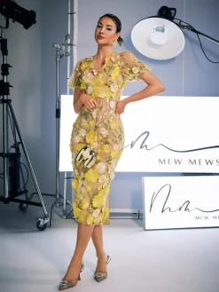 Dresses | Midi Dresses*Mew Mews Fashion Grayson Flower Embroidered Midi Dress In Yellow