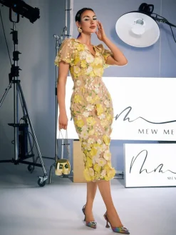 Dresses | Midi Dresses*Mew Mews Fashion Grayson Flower Embroidered Midi Dress In Yellow