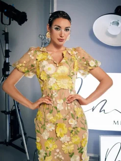 Dresses | Midi Dresses*Mew Mews Fashion Grayson Flower Embroidered Midi Dress In Yellow