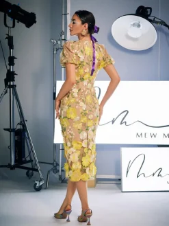 Dresses | Midi Dresses*Mew Mews Fashion Grayson Flower Embroidered Midi Dress In Yellow