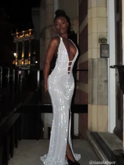 Dresses*Mew Mews Fashion Iduia Backless Cutout Rhinestone Maxi Dress