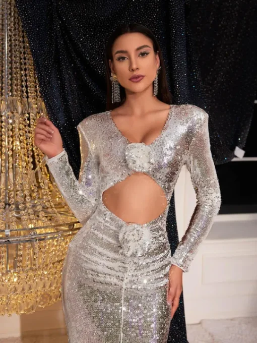 Dresses*Mew Mews Fashion Isak Long Sleeve Flower Cutout Sequin Dress