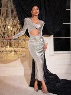 Dresses*Mew Mews Fashion Isak Long Sleeve Flower Cutout Sequin Dress