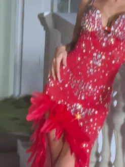 Dresses | Maxi Dresses*Jiu Bajia O/S Ixara Spaghetti Rhinestone Feather Split Maxi Dress