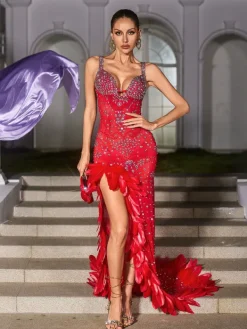 Dresses | Maxi Dresses*Jiu Bajia O/S Ixara Spaghetti Rhinestone Feather Split Maxi Dress