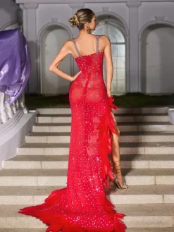 Dresses | Maxi Dresses*Jiu Bajia O/S Ixara Spaghetti Rhinestone Feather Split Maxi Dress