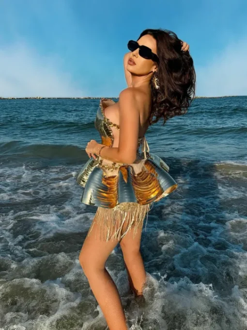 Embellishment*Embellishment O/S Jahdiel Crystal Fringe Metallic Skirt Set In Gold
