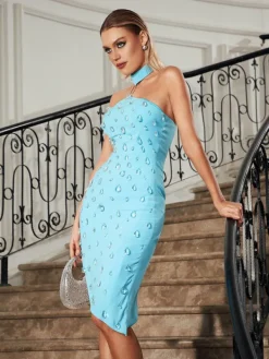 Dresses*Mew Mews Fashion Jora Turtleneck Rhinestone Asymmetric Dress