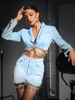 Coats & Jackets*Mew Mews Fashion Kendall Crystal Fringe Chain Denim Blazer