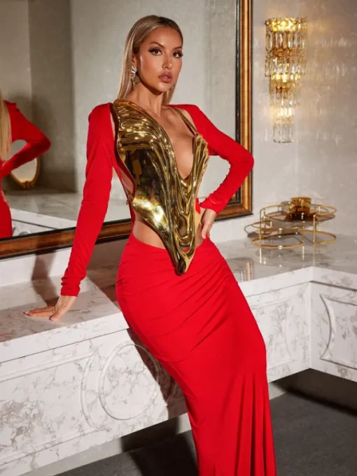Armor Tops*Mew Mews Fashion O/S Kiaan Deep V Dapery Armor Top In Gold