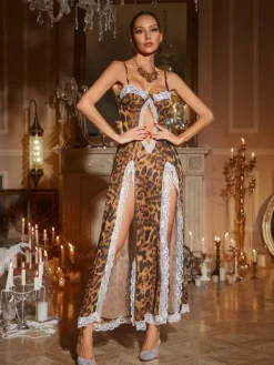 Dresses | Maxi Dresses*Mew Mews Fashion Kiran Leopard Lace Split Maxi Dress