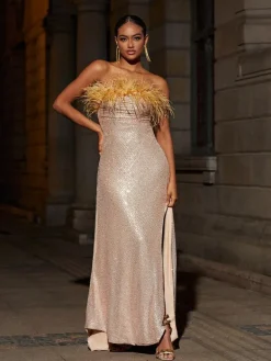Dresses*Mew Mews Fashion Laurell Strapless Feather Sequin Maxi Dress