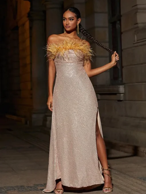 Dresses*Mew Mews Fashion Laurell Strapless Feather Sequin Maxi Dress