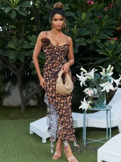 Dresses*Mew Mews Fashion Leylani Flower Ruffle Leopard Printed Midi Dress